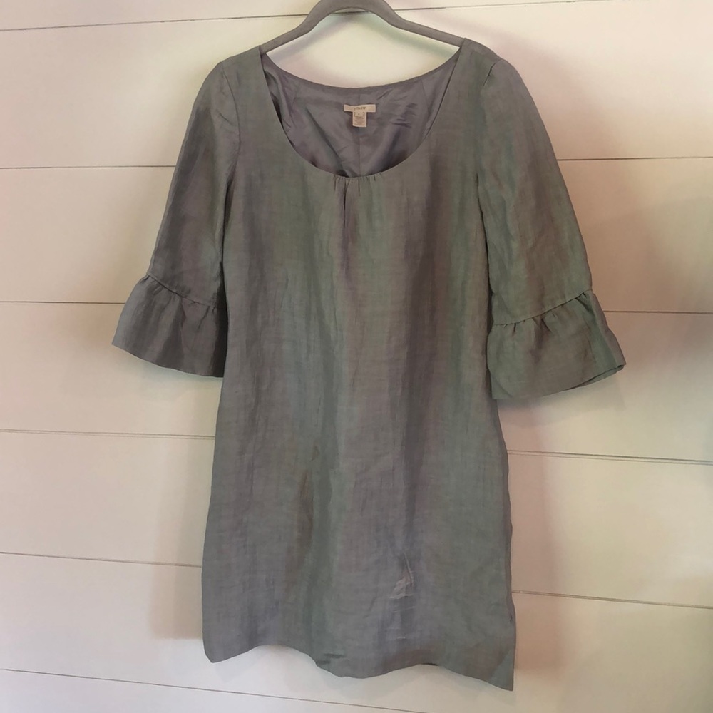 J. Crew Light Gray Linen Shift Dress with Ruffle Sleeves